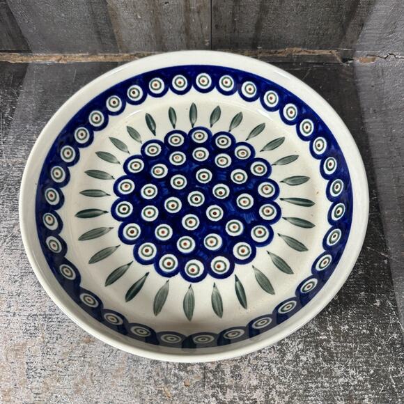 Boleslawiec Polish Pottery Pie Dish 9.5 in. Blue & White Green Peacock - Picture 1 of 8